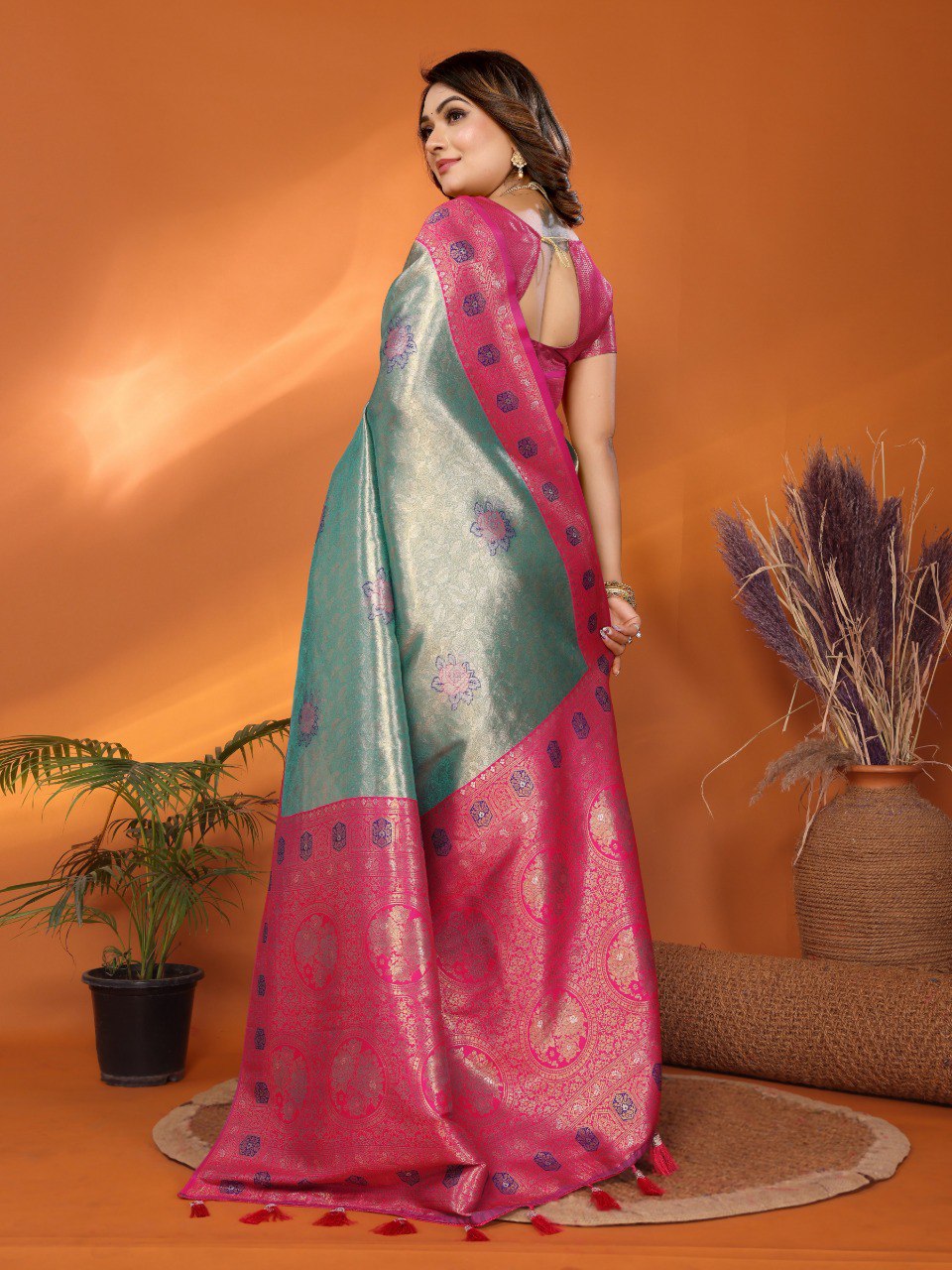 Classic Banarasi Silk Teal Blue & Pink Color Saree
