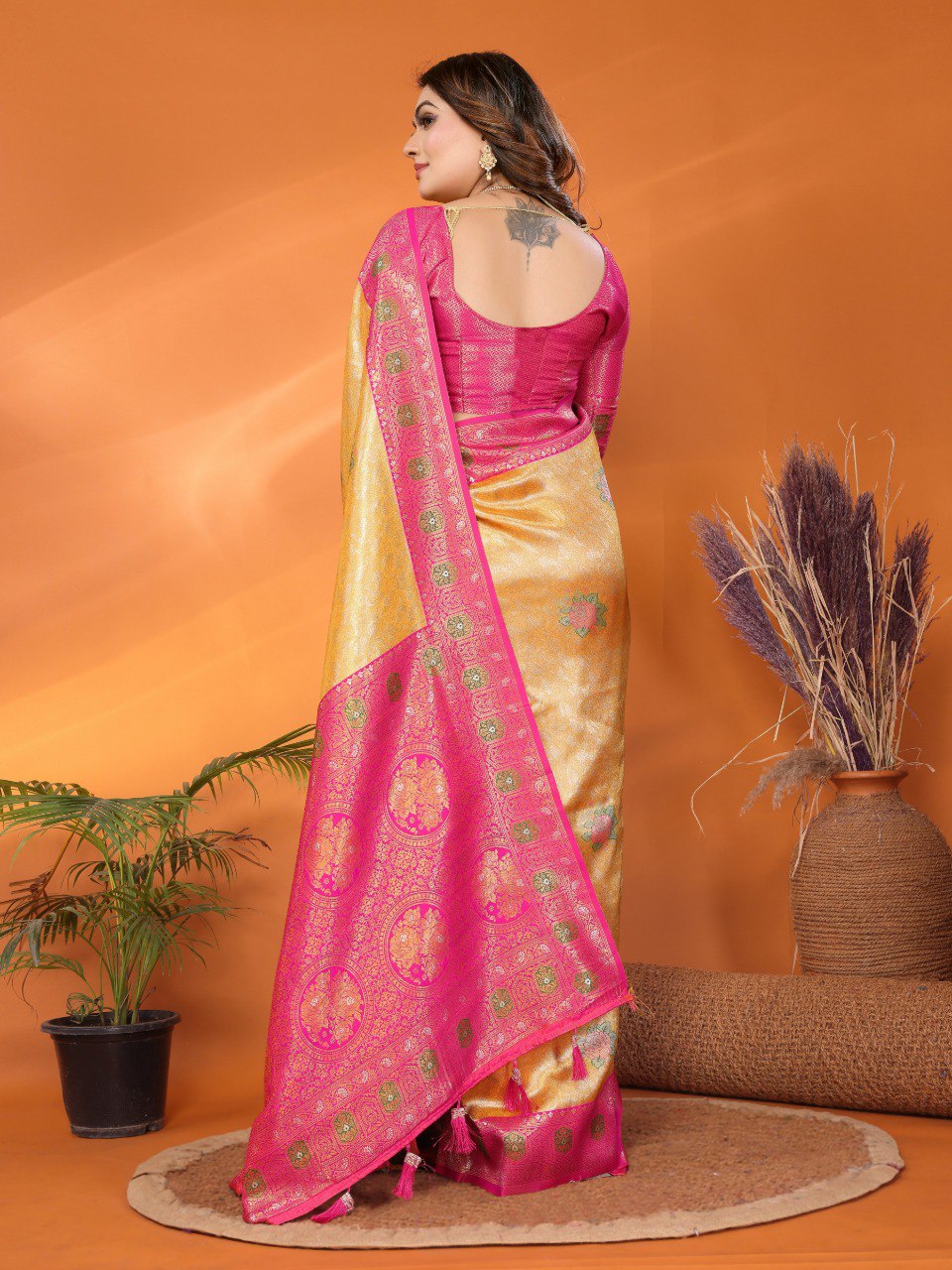 Classic Banarasi Silk Yellow & Pink Color Saree