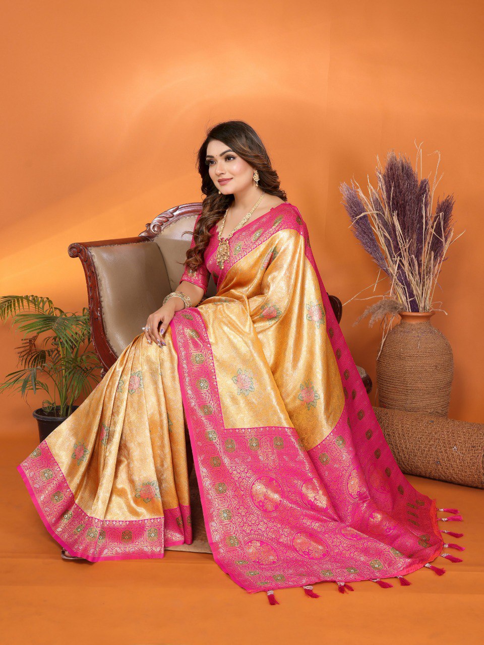 Classic Banarasi Silk Yellow & Pink Color Saree