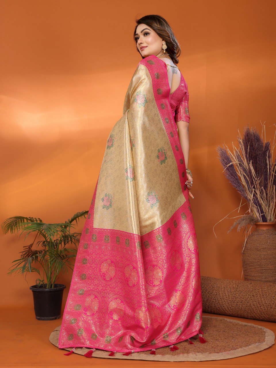 Classic Banarasi Silk Mustard & Pink Color Saree