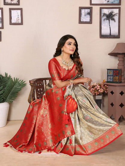 Classic Banarasi Silk Silver & Red Color Saree
