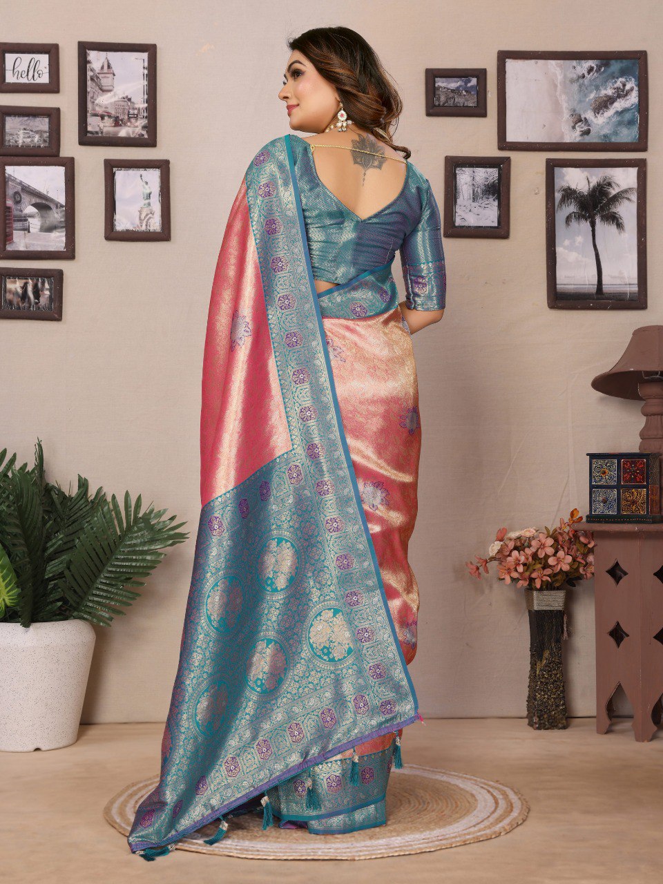 Classic Banarasi Silk Peach & Teal Blue Color Saree