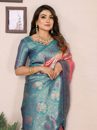 Classic Banarasi Silk Peach & Teal Blue Color Saree