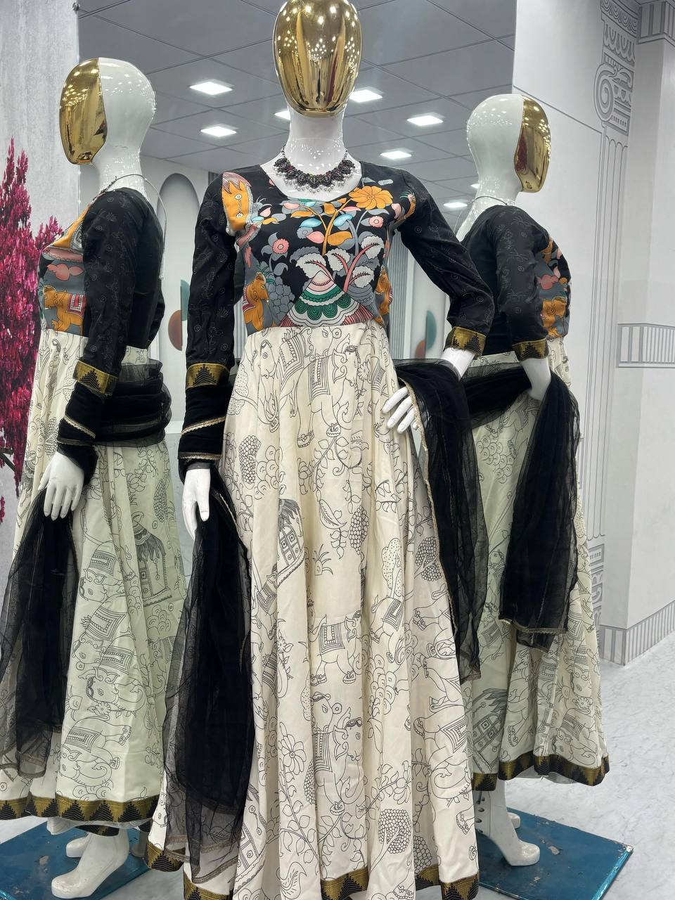 Designer Kalamkari Print Grey Color Anarkali Gown