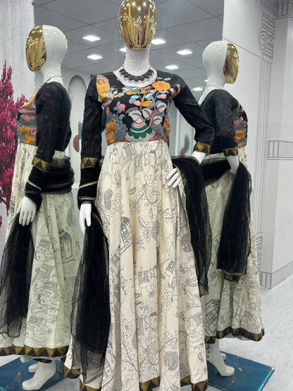 Designer Kalamkari Print Grey Color Anarkali Gown