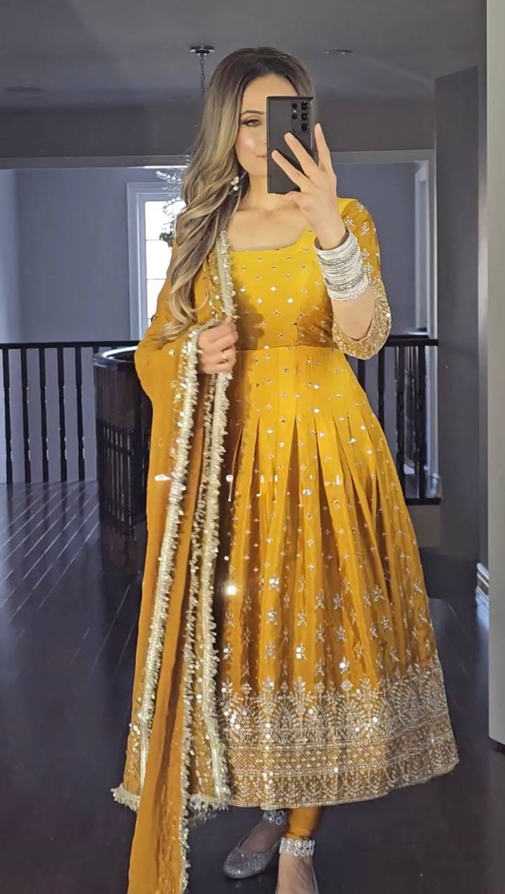 Outstanding Chinon Silk Yellow Color Gown