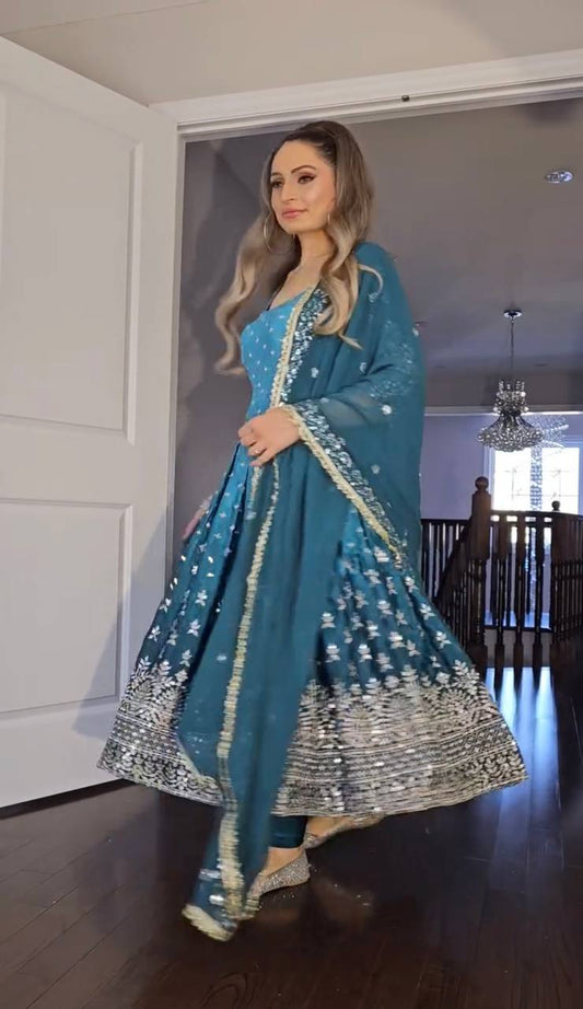 Outstanding Chinon Silk Sky Blue Color Gown