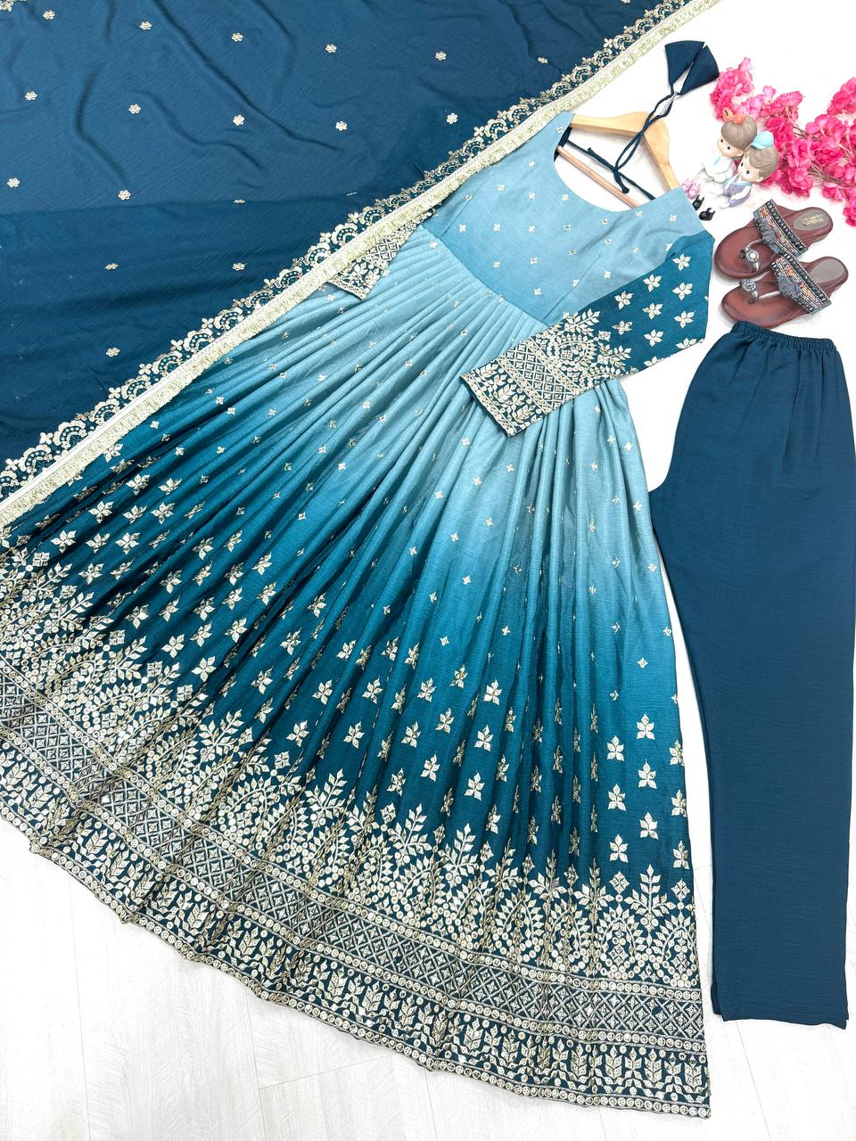 Outstanding Chinon Silk Sky Blue Color Gown