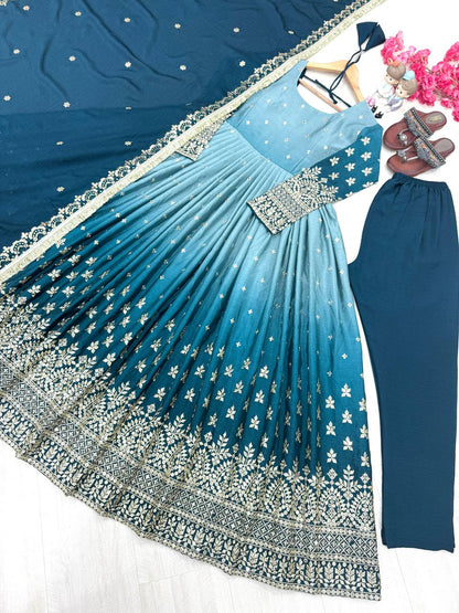 Outstanding Chinon Silk Sky Blue Color Gown