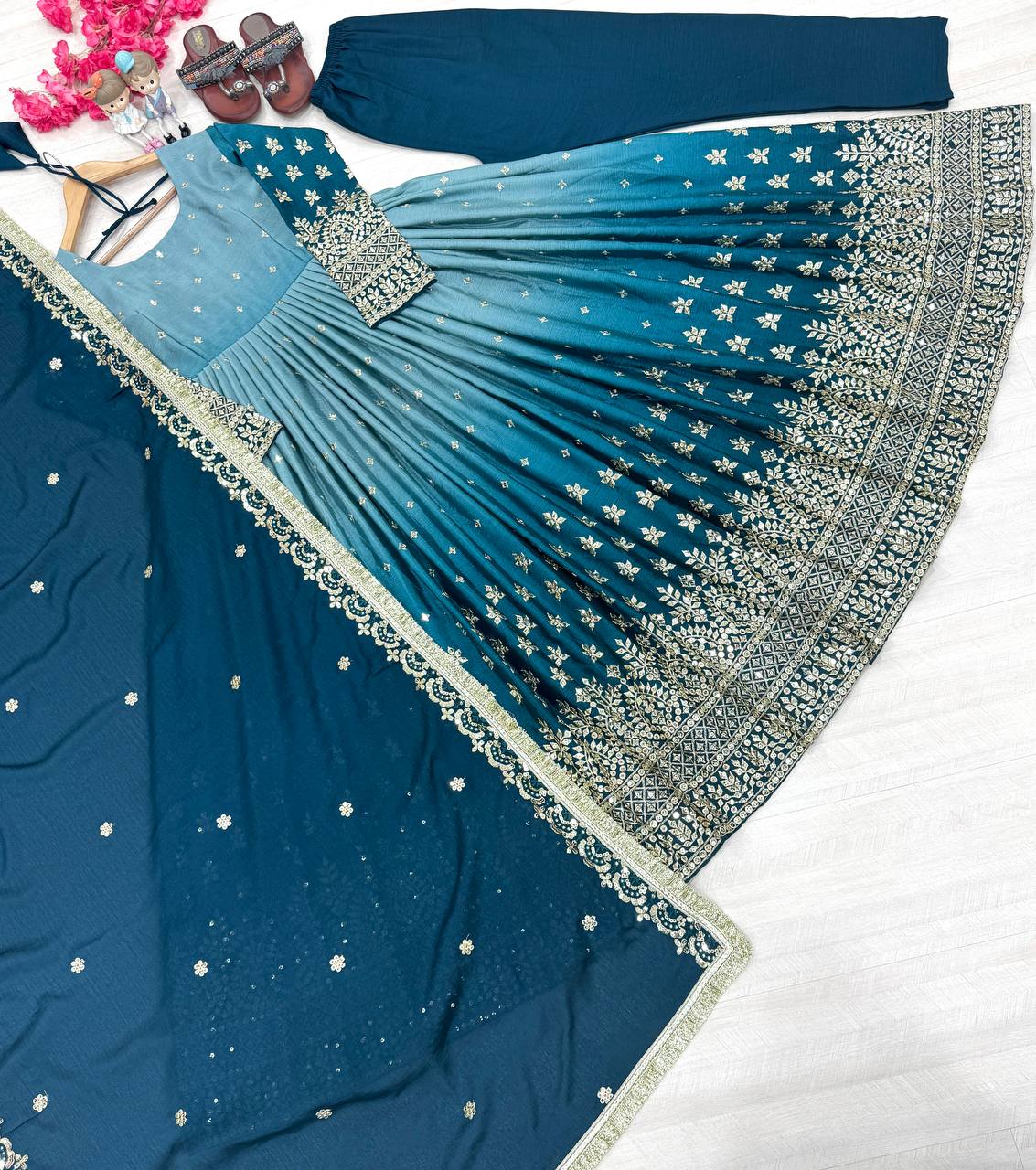 Outstanding Chinon Silk Sky Blue Color Gown