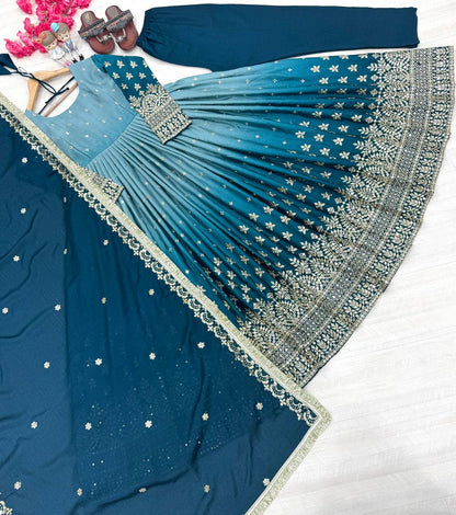 Outstanding Chinon Silk Sky Blue Color Gown