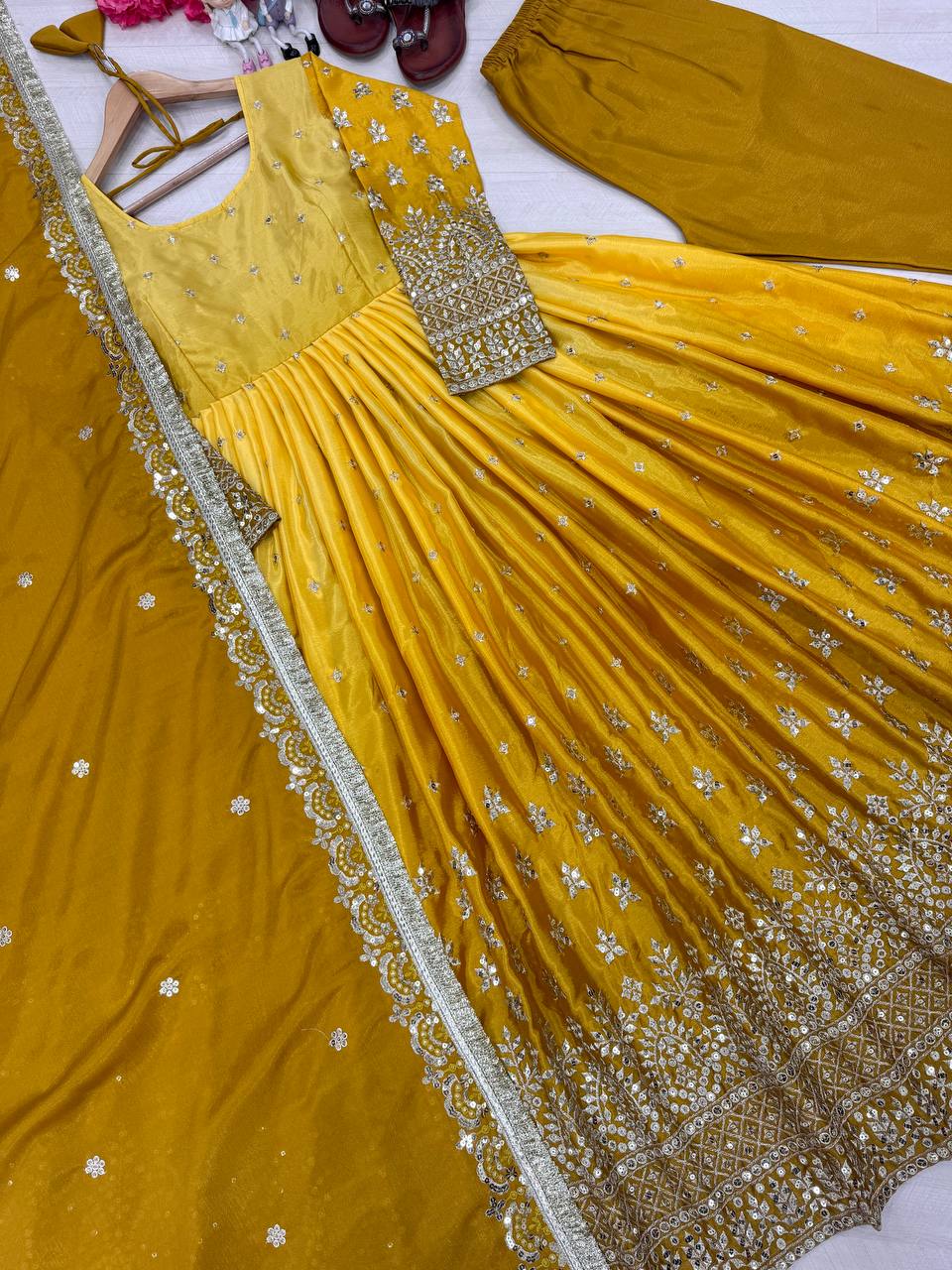 Outstanding Chinon Silk Yellow Color Gown