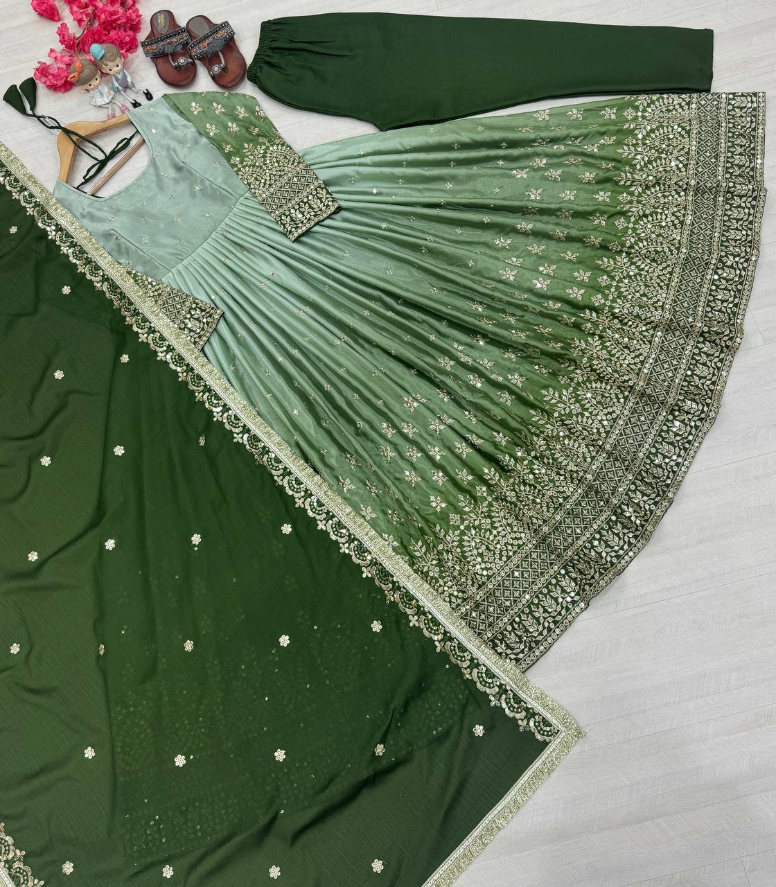 Outstanding Chinon Silk Green Color Gown