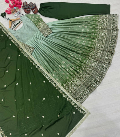 Outstanding Chinon Silk Green Color Gown