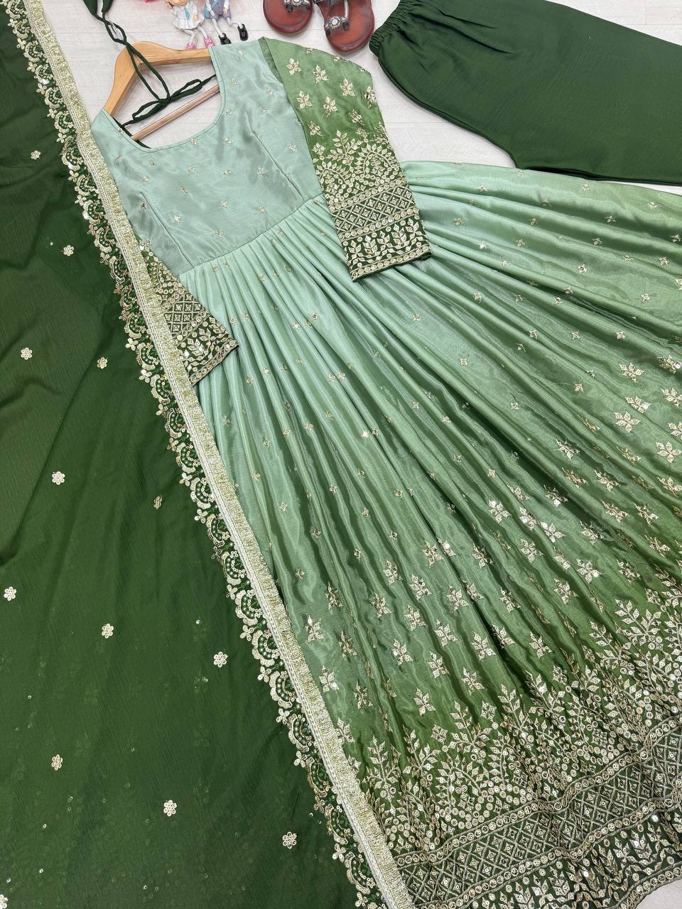 Outstanding Chinon Silk Green Color Gown