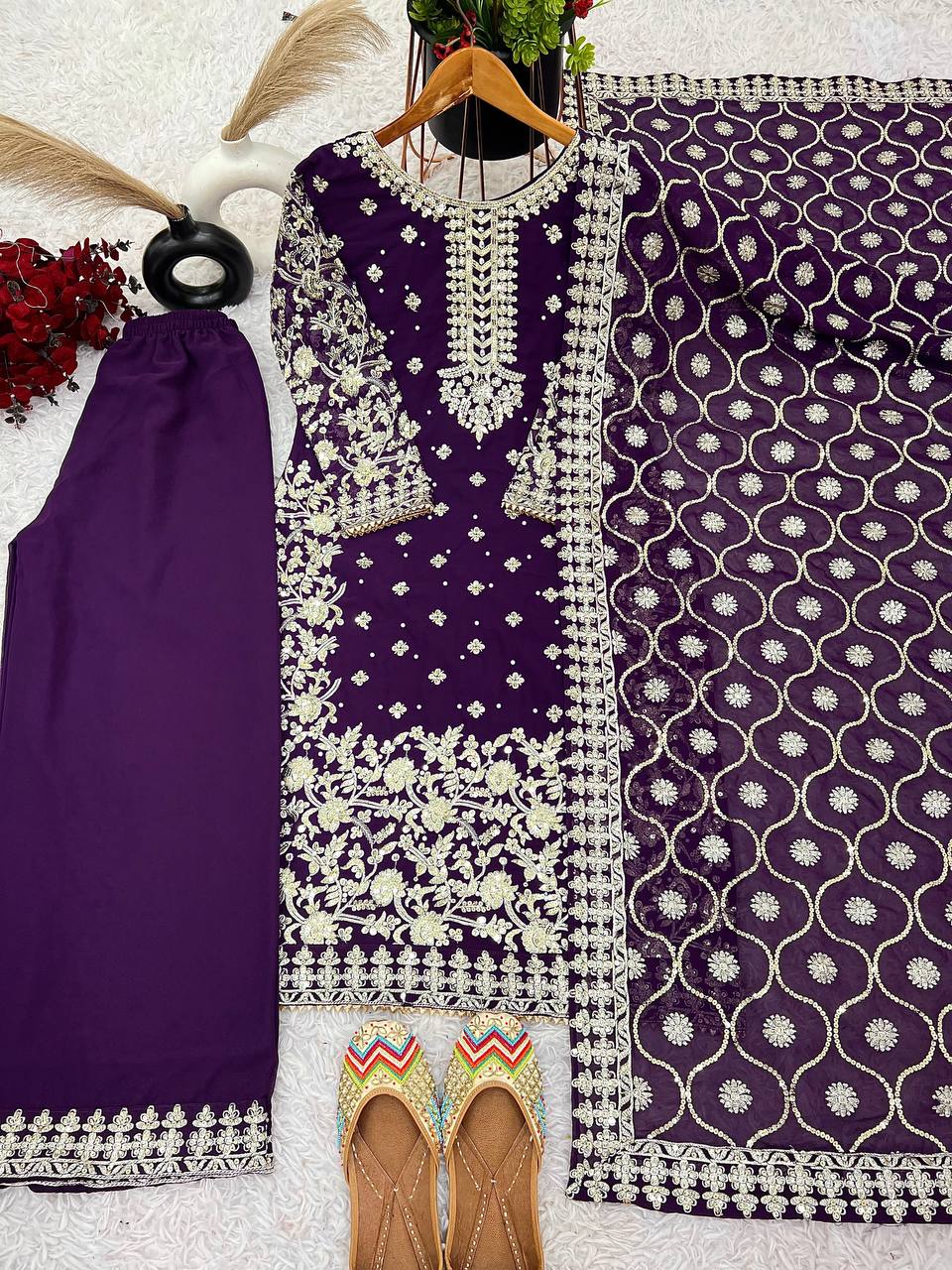 Opulent Georgette Sequence Work Purple Color Palazzo Suit