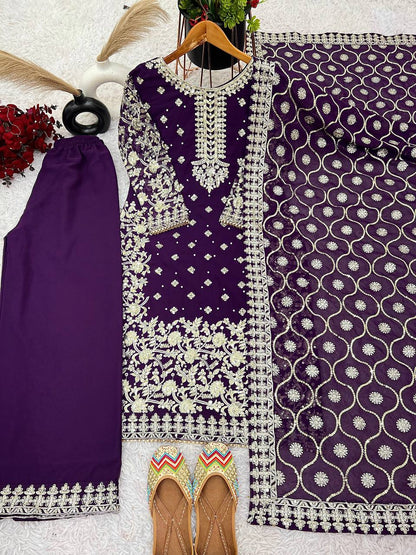 Opulent Georgette Sequence Work Purple Color Palazzo Suit