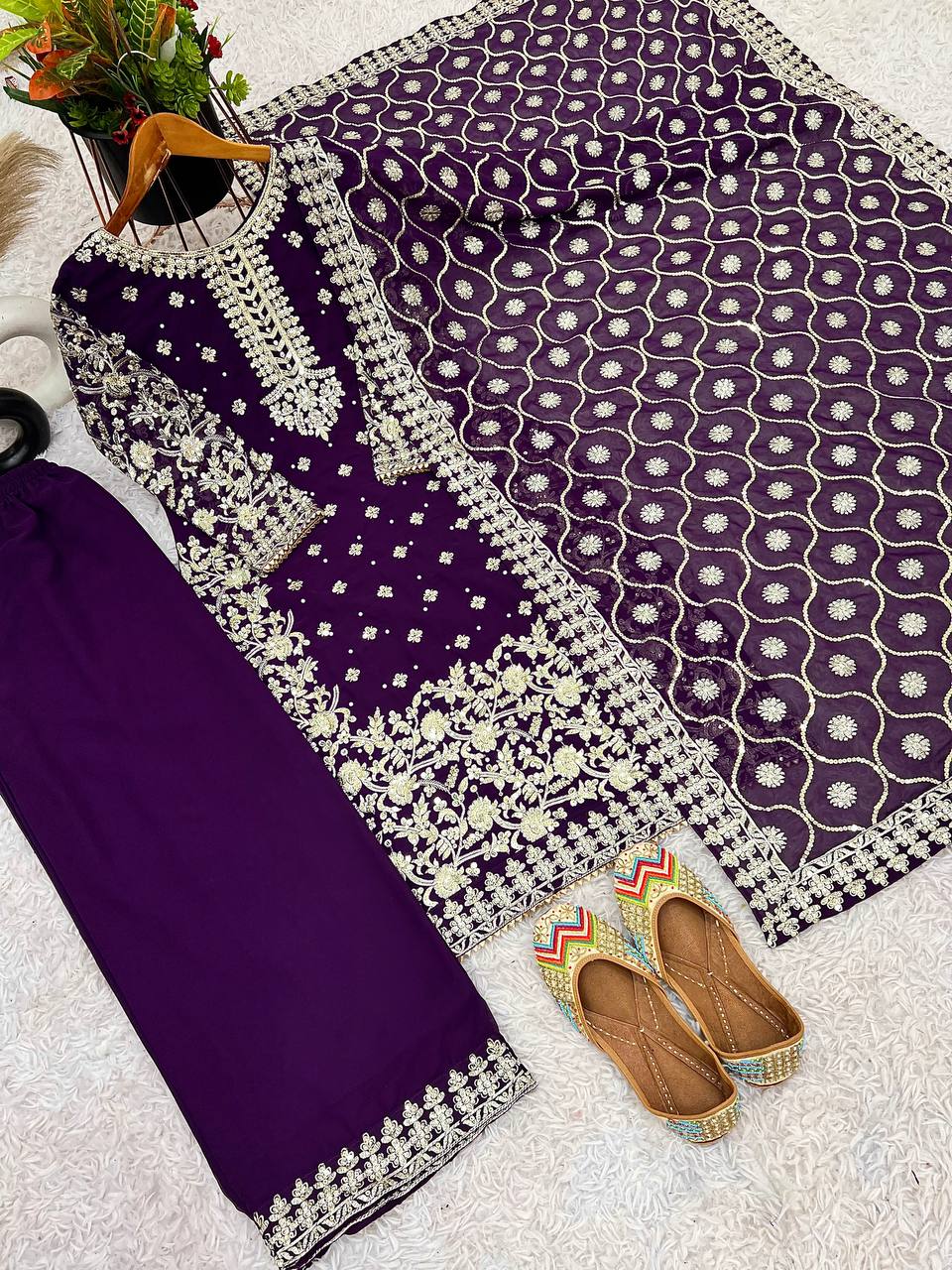 Opulent Georgette Sequence Work Purple Color Palazzo Suit