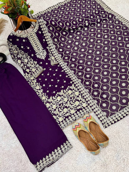 Opulent Georgette Sequence Work Purple Color Palazzo Suit