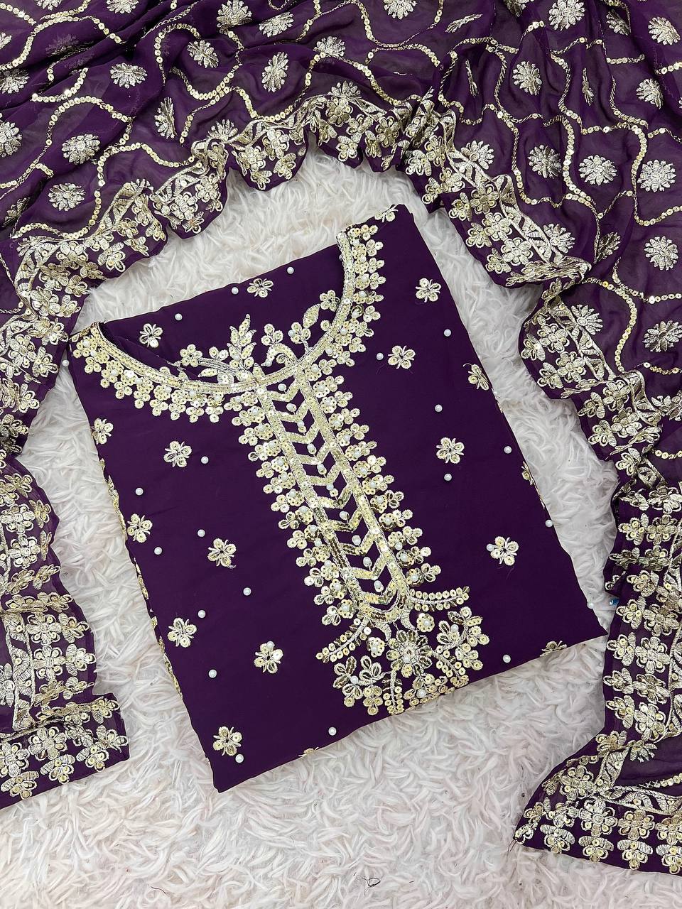 Opulent Georgette Sequence Work Purple Color Palazzo Suit