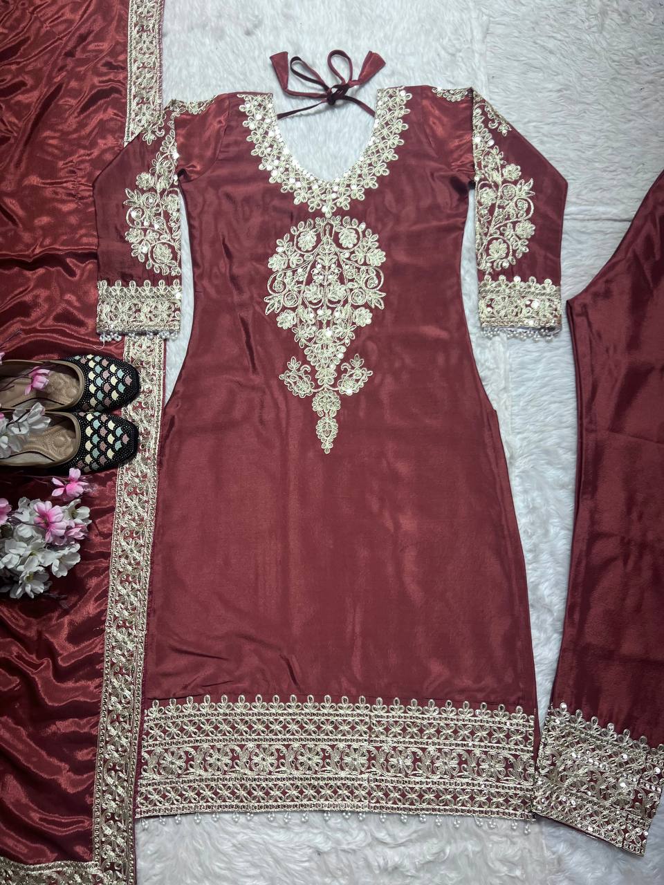 Classy Chinnon Silk Maroon Color Salwar Suit