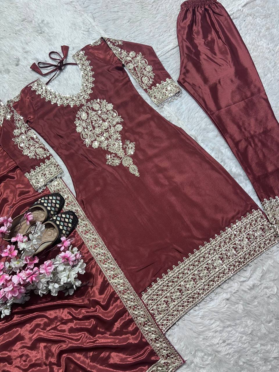 Classy Chinnon Silk Maroon Color Salwar Suit