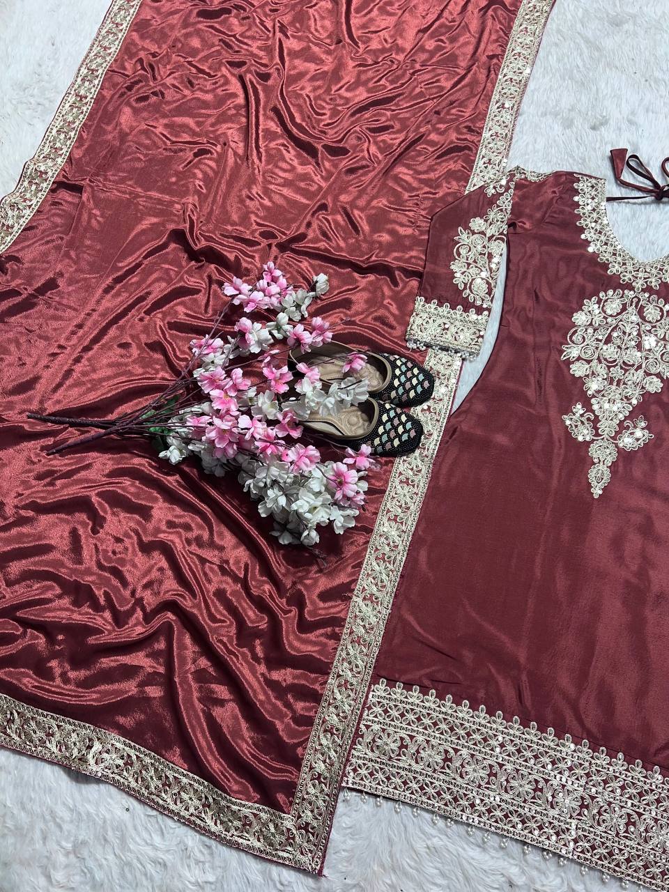 Classy Chinnon Silk Maroon Color Salwar Suit