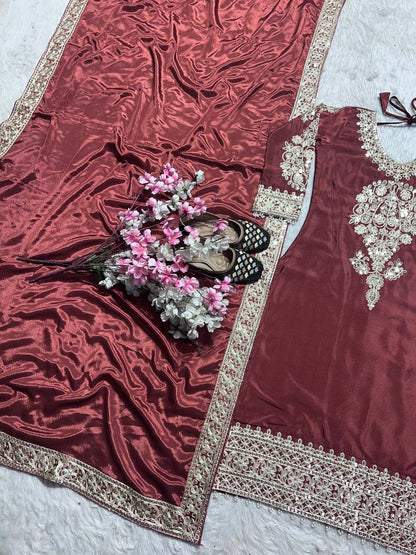 Classy Chinnon Silk Maroon Color Salwar Suit