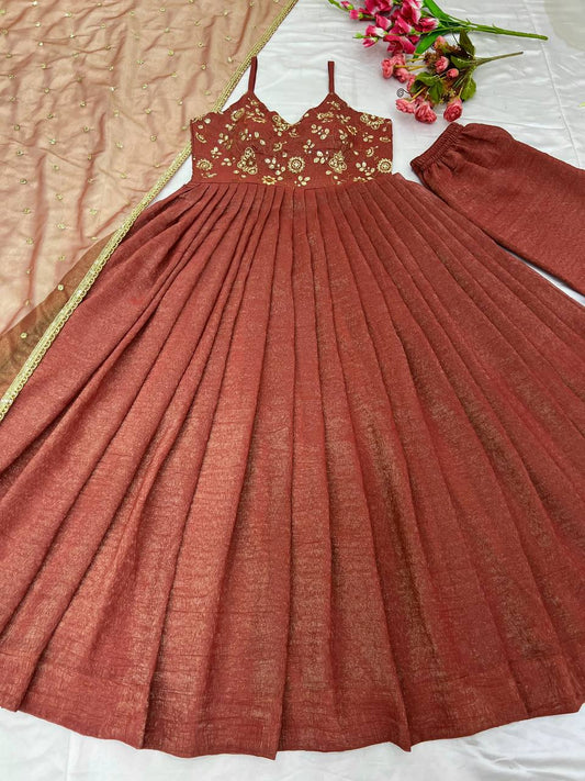 Imposing Sequence Work Orange Color Gown