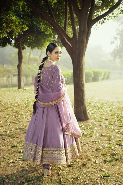 Classic Chinon Silk Lavender Color Anarkali Gown