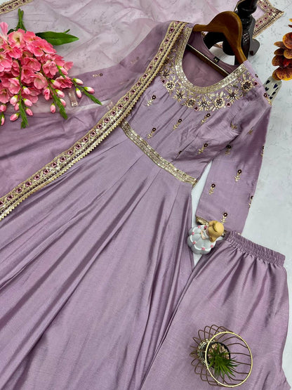 Classic Chinon Silk Lavender Color Anarkali Gown