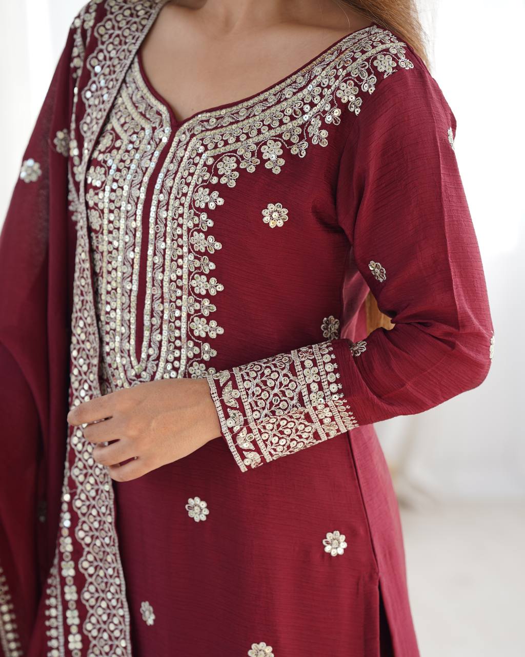 Elegant Embroidery Sequence Work Red Color Sharara Suit