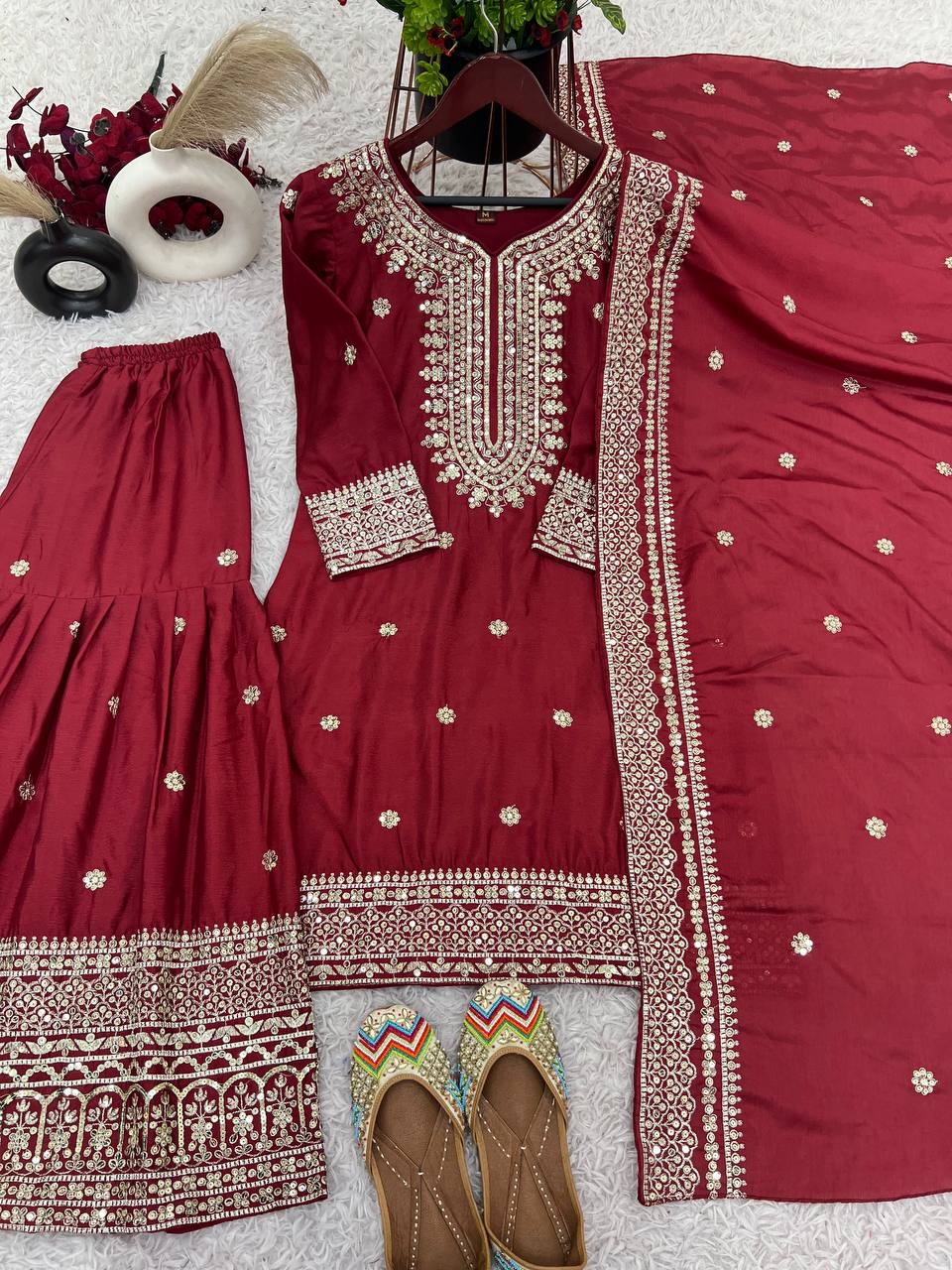 Elegant Embroidery Sequence Work Red Color Sharara Suit