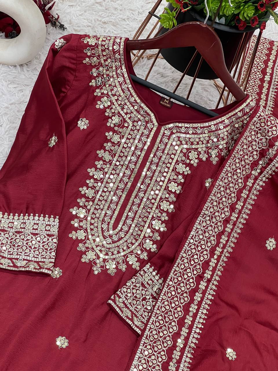 Elegant Embroidery Sequence Work Red Color Sharara Suit