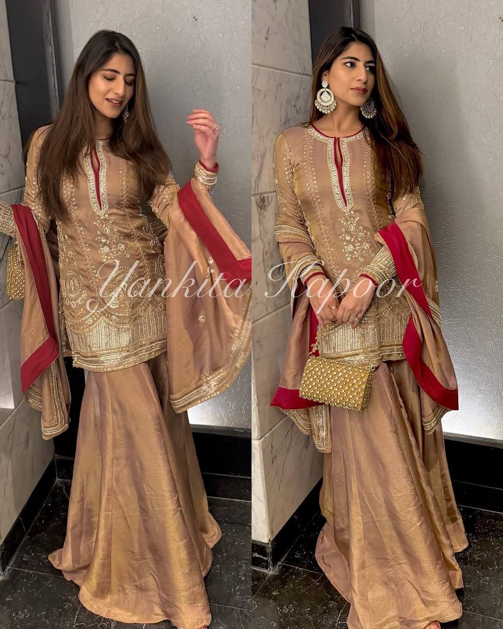 Shining Roman Silk Brown Color Sharara Suit