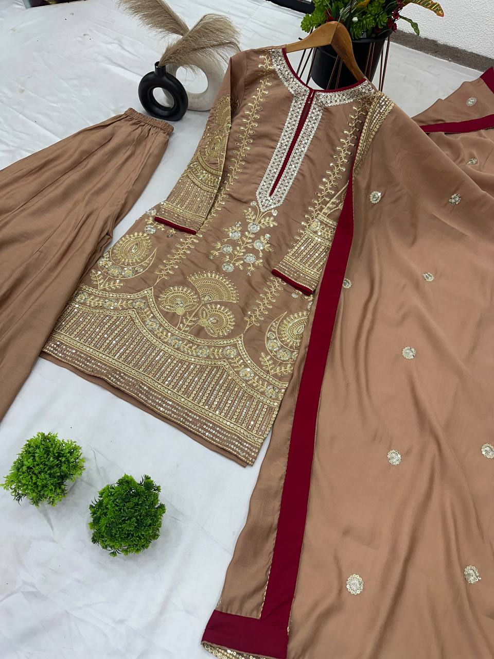 Shining Roman Silk Brown Color Sharara Suit