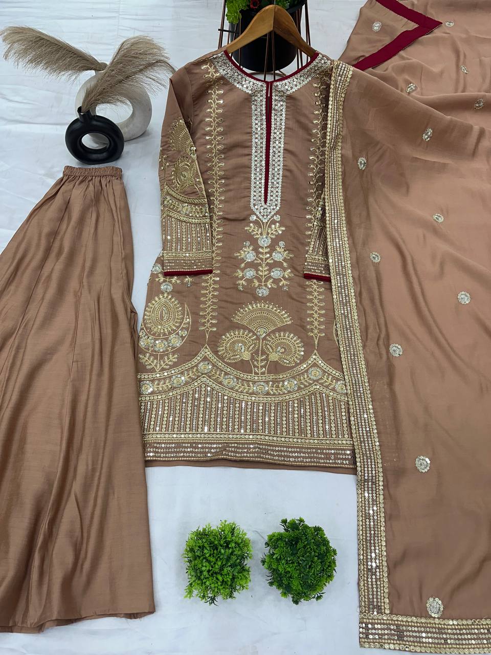 Shining Roman Silk Brown Color Sharara Suit