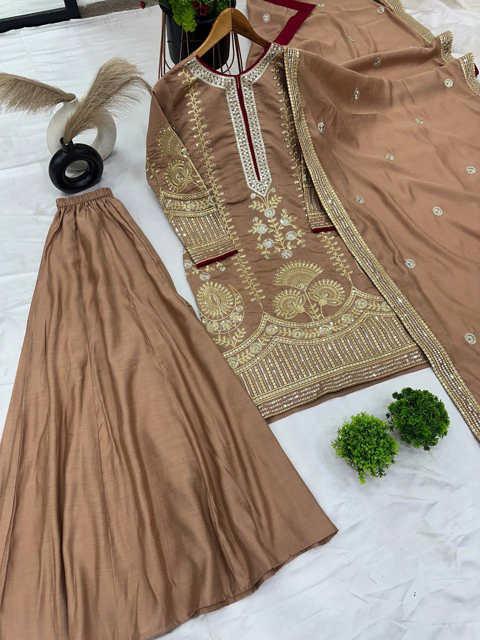 Shining Roman Silk Brown Color Sharara Suit