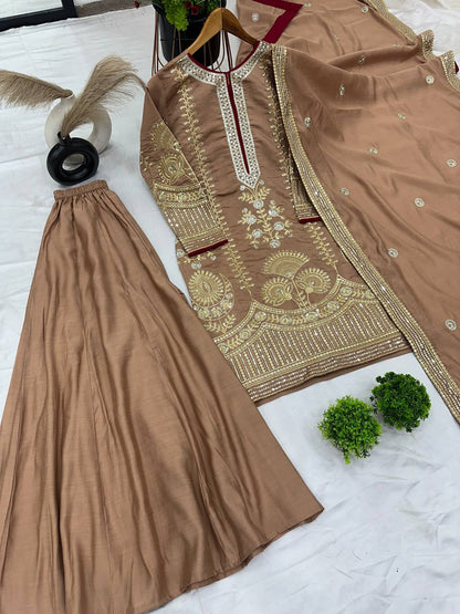 Shining Roman Silk Brown Color Sharara Suit