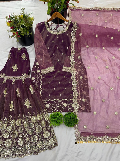 Peaceful Heavy Embroidery Work Purple Color Sharara Suit