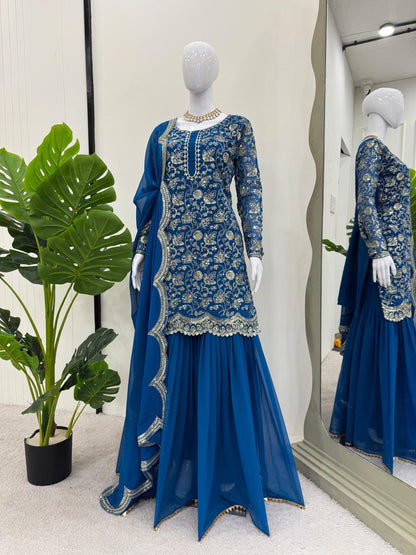 Superhit Gorgette Sequence Work Teal Blue Color Sharara Suit