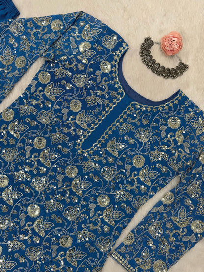 Superhit Gorgette Sequence Work Teal Blue Color Sharara Suit