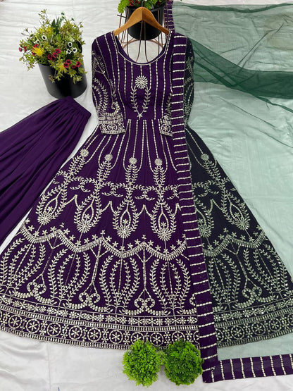Ravishing Georgette Sequence Work Wine Color Gown