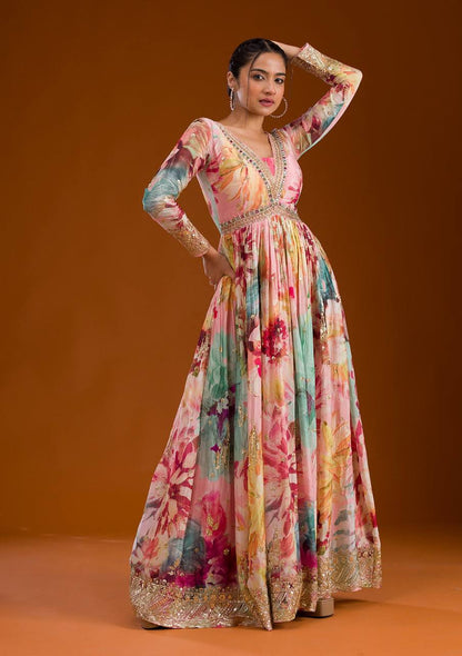 Awesome Chinon Silk Multi Color Floral Prints Gown