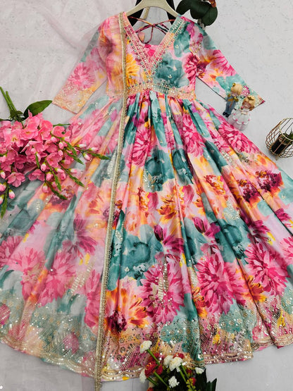 Awesome Chinon Silk Multi Color Floral Prints Gown