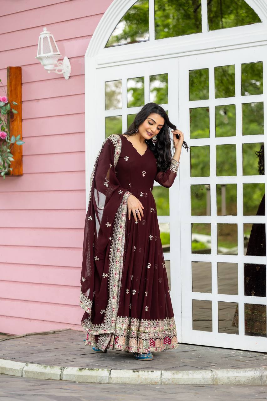 Captivating Georgette Maroon Color Gown
