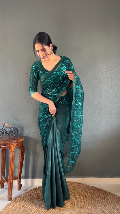 Superhit Embroidery Sequins Work Green Color Ready To Wear Saree