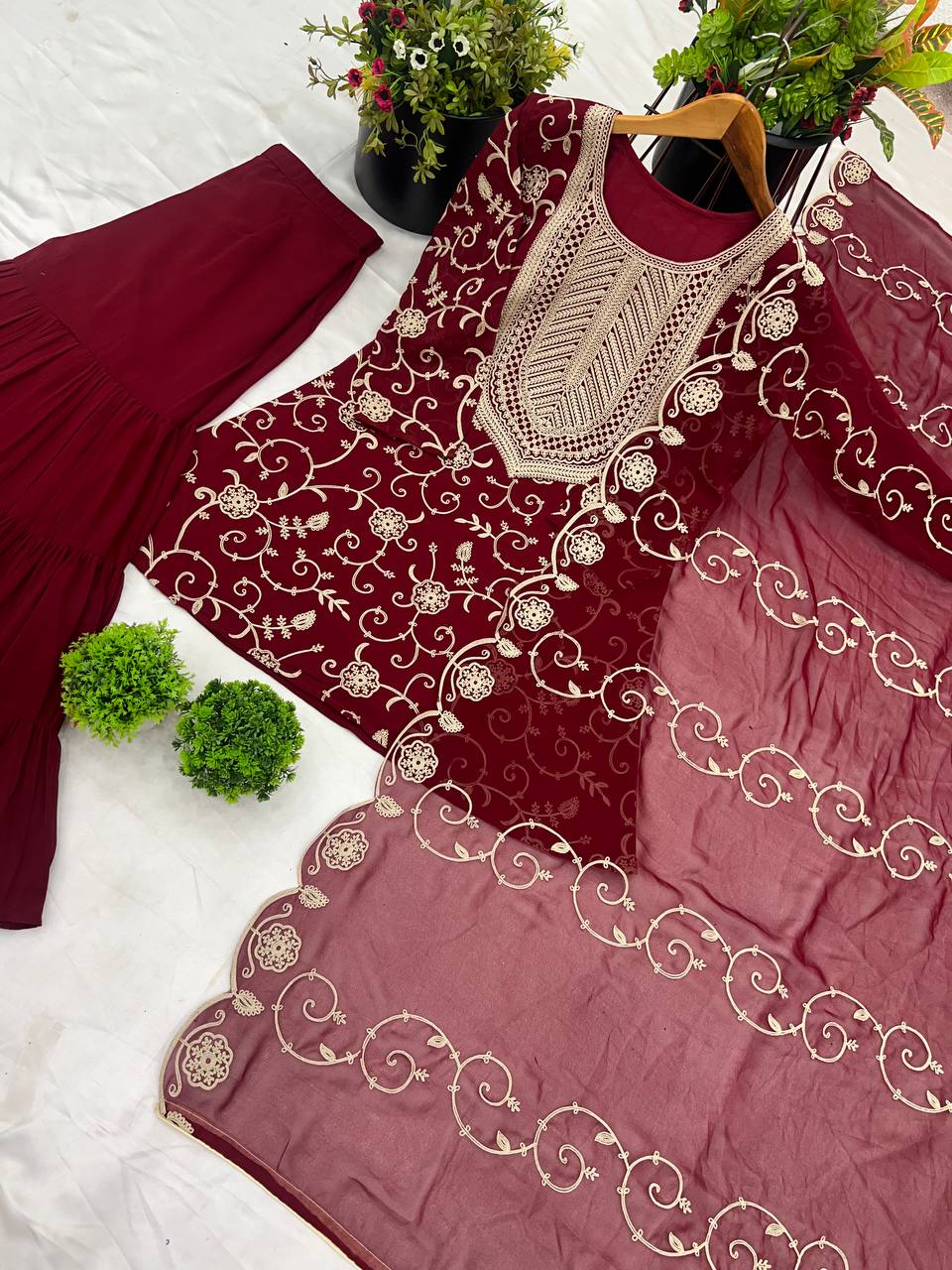 Heavy Embroidery Work Maroon Color Sharara Suit