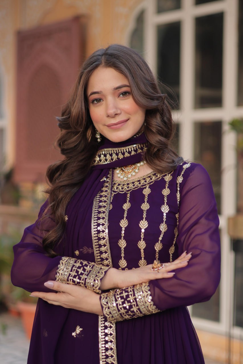 Demanding Embroidery Zari Sequins Work Purple Color Gown
