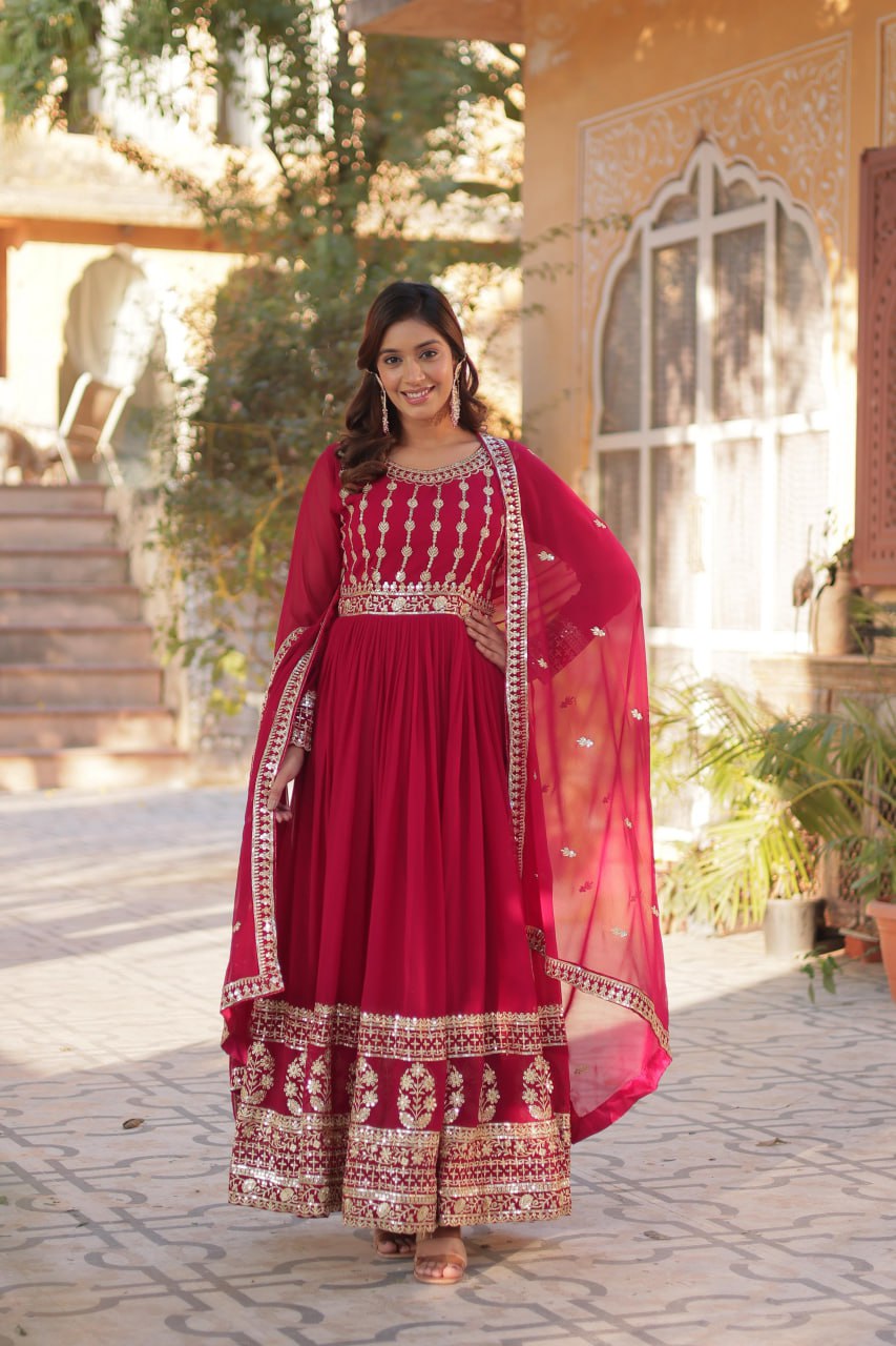 Demanding Embroidery Zari Sequins Work Red Color Gown